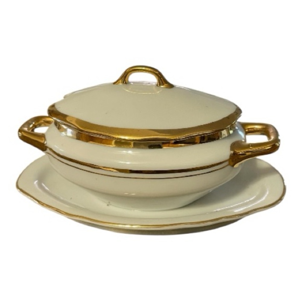Porcelaine Empire Gold & Cream Sugar Bowl Set, Lid and Attached Underplate.